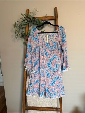 Boho Paisley Dress in Blue and Coral